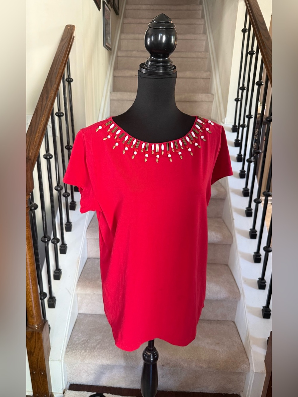 Ruby Rd. Red Short-Sleeve Top with Jeweled Neckline